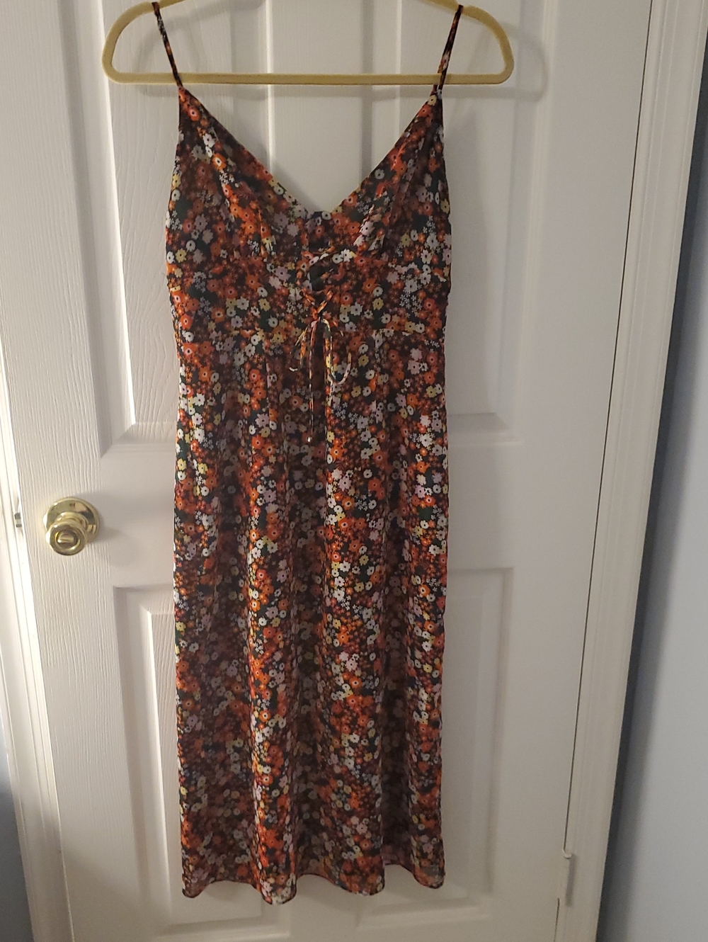 Rust Floral Midi Slip Dress with Adjustable Front Tie